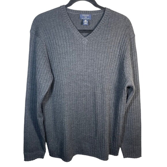 BROOKS 346 Fine Italian Merino Wool V-neck Pullover Sweater, Gray Size Large - Picture 1 of 9